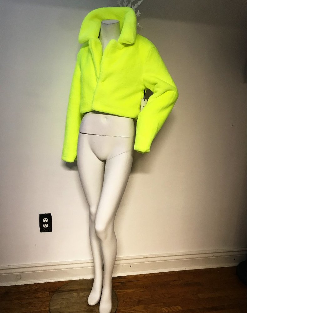 NWT F21 Forever Teddy Plush Fur Jacket Coat Neon Yellow Lime Green Cozy Soft